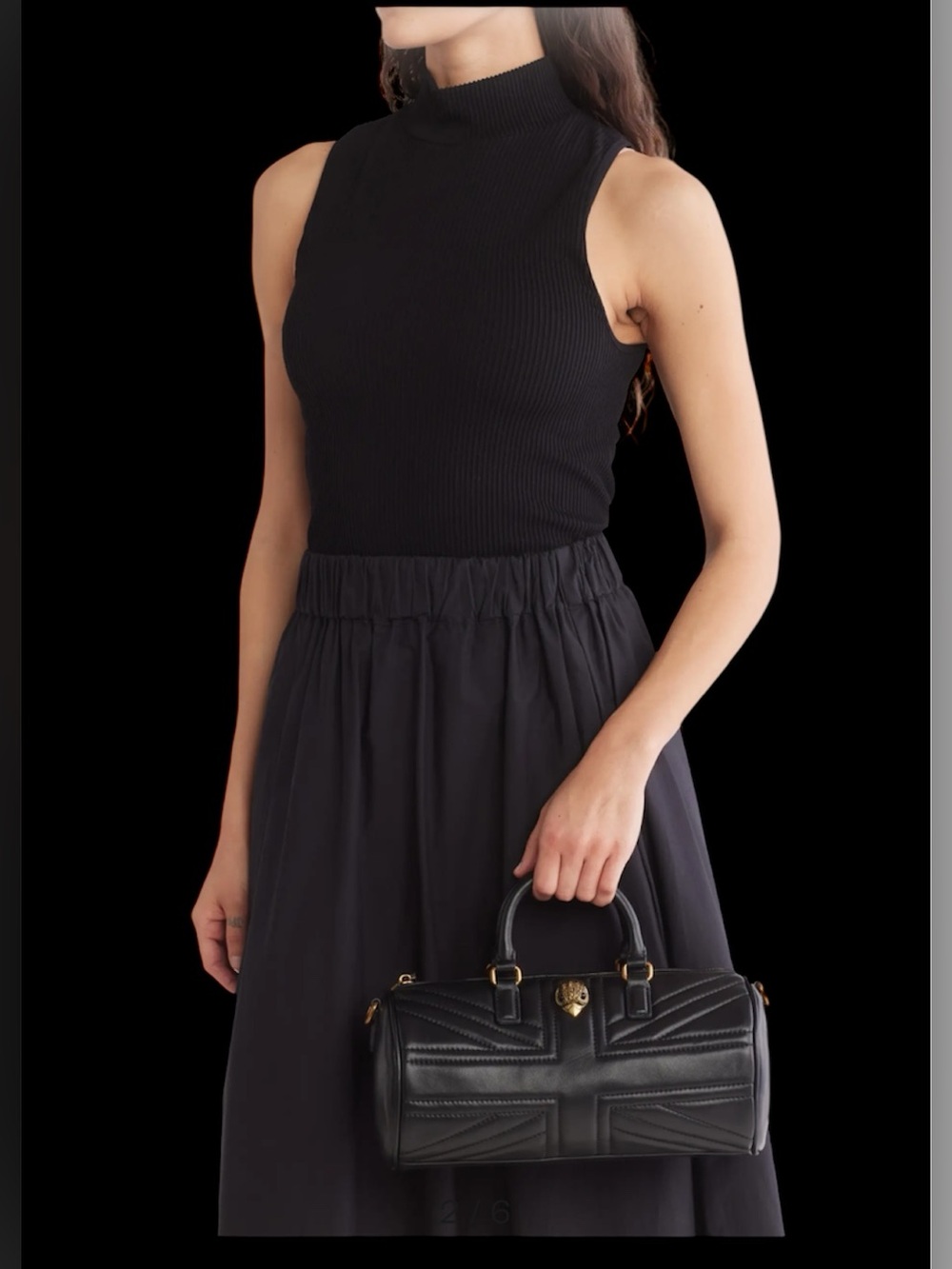 Kurt Geiger Black Quilted Barrel Satchel with Gold Hardware